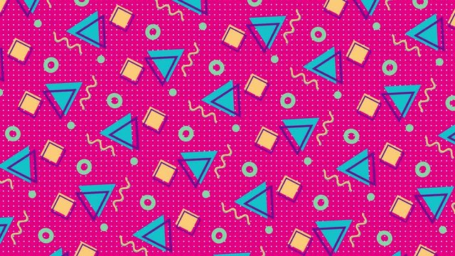 
4K multicolor of geometric shapes pattern in flat style  with animation of circles, lines and triangles . Animation of seamless loop