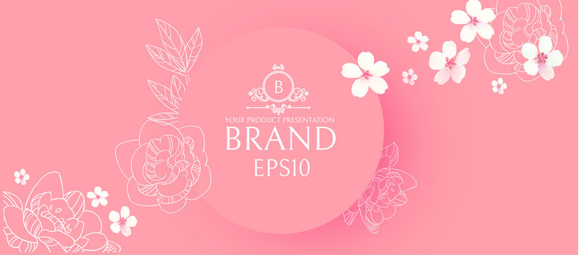 Elegant Circle banner with hand drawn elegant flowers and apple blosoom. Cosmetic design.