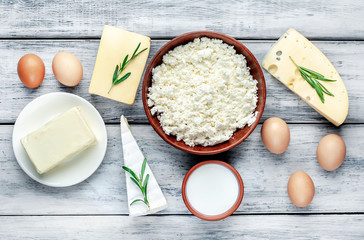 
Different types of dairy products on a stone background 