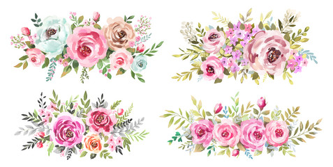 Watercolor bouquets set. Flowers, leaves. Isolated