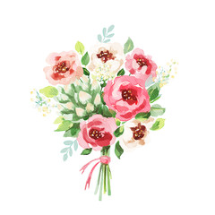 Watercolor bouquet. Flowers, leaves. Isolated
