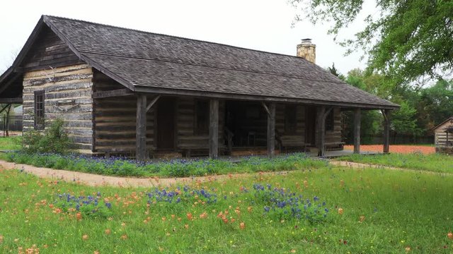 Wild Flowers Surrounding a Porch on a Log Cabin, Bryan, Texas, USA