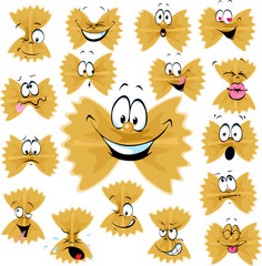 Funny Farfalle Pasta Cartoon Character with Many Facial expressions - Vector Illustration