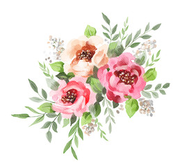 Watercolor bouquet. Flowers, leaves. Isolated - 350138495
