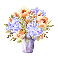 Watercolor bouquet. Flowers, leaves, vase. Isolated