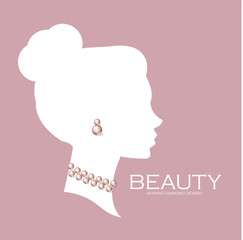Fototapeta na wymiar Female head silhouette with pearls. Beaty care. Jewelry shop adverticing template.