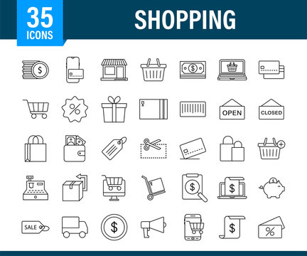 Shopping set icon for web design. E commerce. Discount coupon. Business icon. Price tag. Line vector. Vector stock illustration.