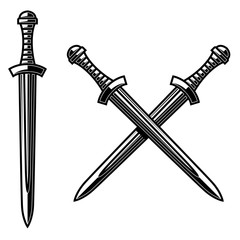 Illustration of crossed daggers in engraving style. Design element for logo, label, emblem, sign. Vector illustration