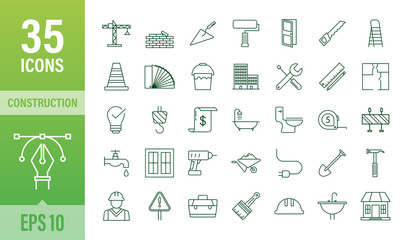 Outline web icons set. Construction and home repair tools, building. Work safety. Vector stock illustration.