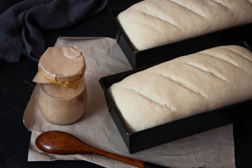 Bread before baking with leaven. Rye leaven for bread is active