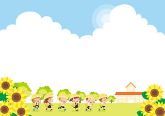 Obraz na płótnie Canvas ひまわり畑を駆け抜けて幼稚園目指して走る可愛い園児たち