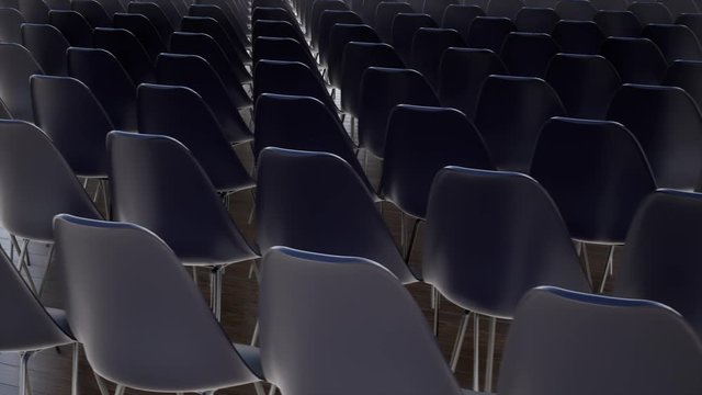Empty chairs in the hall Empty movie theater Dark background Interior design. 4k