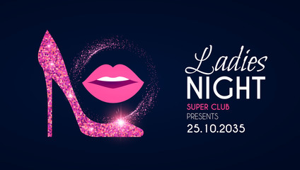 Ladies night glamour party flyer template with shoe and lips.
