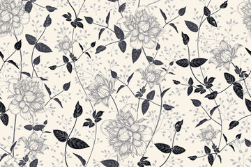 Nahtloses Schwarzweiss-Muster. Schöne blühende Gartenblumen Clematis und dekorative Zweige. © marinavorona