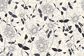 Nahtloses Schwarzweiss-Muster. Schöne blühende Gartenblumen Clematis und dekorative Zweige. © marinavorona