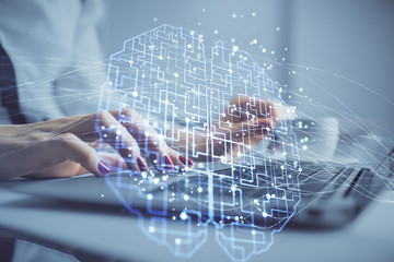 Multi exposure of woman hands working on computer and human brain hologram drawing. Ai tech concept.
