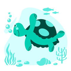 Vector flat illustration  of colorful turtle wit seaweed, bubbles isolated on blue background. Design for greeting cards, textile, print, logo. World turtle day