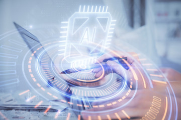 Multi exposure of woman hands working on computer and data theme hologram drawing. Tech concept.