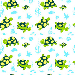 Vector flat seamless pattern illustration graphic green silhouette of turtle with seaweed, starfish isolated on white background. Design for wrapping wallpaper, textile, texture. World turtle day