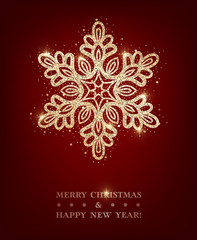 Sparkling stylized golden snowflake on dark red background. Design element for greeting card, invitation or poster