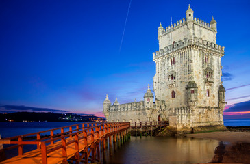 Belem Tower on the Tagus river in the evening, famous landmarks in Lisbon, Portugal.