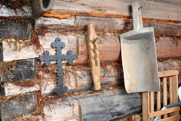 Antique carpenter's products, in the corner of the house
