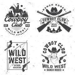 Fototapeta premium Cowboy club badge. Ranch rodeo. Vector. Concept for shirt, logo, print, stamp, tee with cowboy and shotgun. Vintage typography design with wild west and western rifle silhouette.