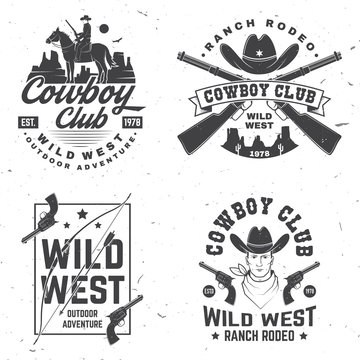 Cowboy club badge. Ranch rodeo. Vector. Concept for shirt, logo, print, stamp, tee with cowboy and shotgun. Vintage typography design with wild west and western rifle silhouette.