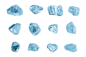 Blue gem stones white background isolated closeup, crushed ice cubes set, rough diamonds collection, raw brilliants texture, natural rocks nuggets, group of crystals, mineral samples, gemstone, jewel