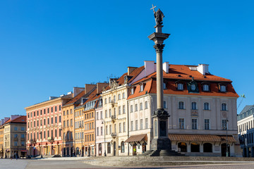 Fototapeta na wymiar Panoramic view of Krakowskie Przedmiescie street with Sigismund III Waza Column monument and historic tenement houses in Starowka Old Town quarter of Warsaw, Poland
