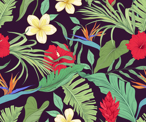 Seamless pattern with exotic flowers and leaves. Tropical Plants
