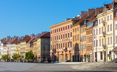 Panoramic view of Krakowskie Przedmiescie street with historic tenement houses in Starowka Old Town quarter of Warsaw, Poland © Art Media Factory