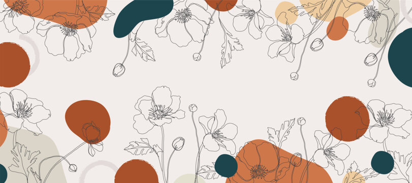 Abstract background vector with natural and floral line arts, Memphis style, Organic shape. Creative pattern with hand drawn shapes. Design background for social media post, cover, print and wallpaper