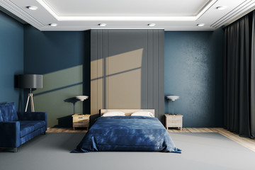 Modern bedroom with blue cover and blank wall.