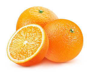 ripe oranges with a slice isolated on a white background