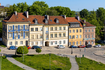 Panoramic view of historic, richly decorated colorful tenement houses at Bugaj, Mostowa and Brzozowa streets of Starowka Old Town quarter in Warsaw, Poland © Art Media Factory