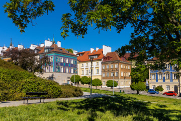 Panoramic view of historic, richly decorated colorful tenement houses at Bugaj, Mostowa and Brzozowa streets of Starowka Old Town quarter in Warsaw, Poland © Art Media Factory