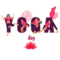 Yoga huge letters and yogine girls practicing yoga asanas, 21st june international yoga day isolated on white vector illustration.