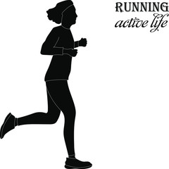 woman goes in for sports, runs every day, promotes an active life. Vector black figure on a white background. Sport, fitness and healthy lifestyle concept