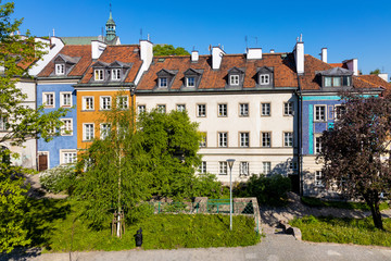 Panoramic view of historic, richly decorated colorful tenement houses at Bugaj, Mostowa and Brzozowa streets of Starowka Old Town quarter in Warsaw, Poland © Art Media Factory