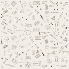 medical theme pattern, brown outline on a beige background, vector illustration, design