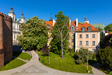 Panoramic view of historic tenement houses at Mostowa street of Starowka Old Town quarter with Church of Holy Spirit in background - Warsaw, Poland © Art Media Factory