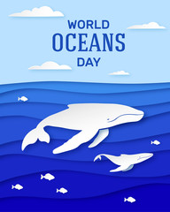 Ocean Day June 8th. Holiday poster design in paper style. Humpback whale with cubs deep in the ocean. Clouds over the sea. Vector
