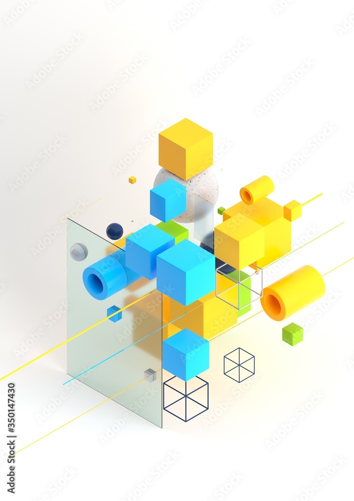 Aufkleber abstract 3d render visualization background, template modern composition of geometric shapes in isom