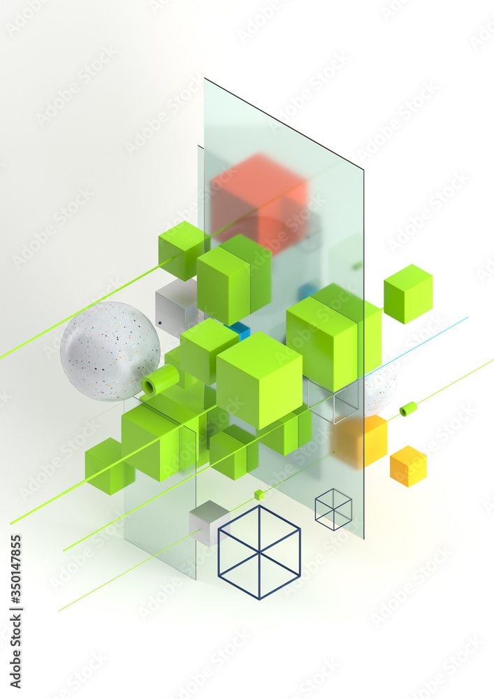 Leinwandbilder Abstract 3d render visualization background, template modern composition of geometric shapes in isometric . Cube, sphere, cylinder, line.
