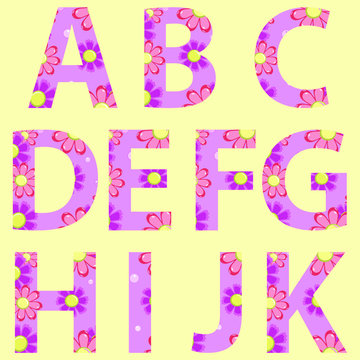A B C D E F G H I J K alphabets applied with colorful simple flowers