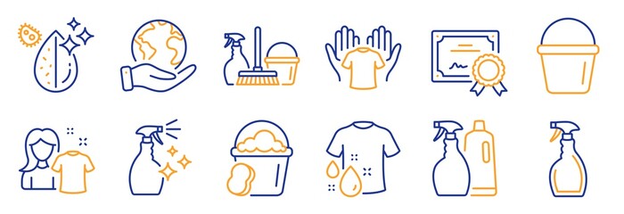Set of Cleaning icons, such as Household service, Wash t-shirt. Certificate, save planet. Spray, Hold t-shirt, Bucket. Washing cleanser, Dirty water, Sponge. Vector