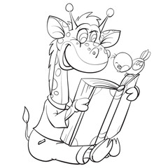 Obraz premium sketch of a giraffe character sitting on the ground and reading a book, coloring book, isolated object on a white background, vector illustration,