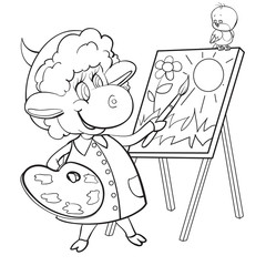 sheep character sketch character of a sheep who in a beret and with a brush in his hands draws a picture, coloring, isolated object on a white background, vector illustration,