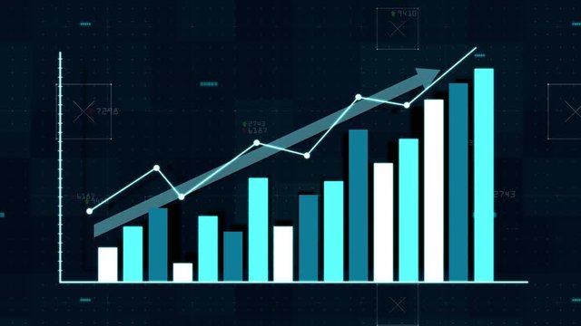 Rising bar graph blue with uparrow above bar. 4K animation.
